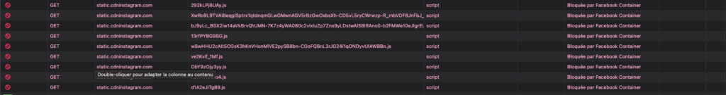 Capture d'écran de l'onglet réseau des outils de développement web de Firefox. On voit plusieurs lignes mentionnant des requêtes à destination de static.cdninstagram.com bloquées par Facebook Container.