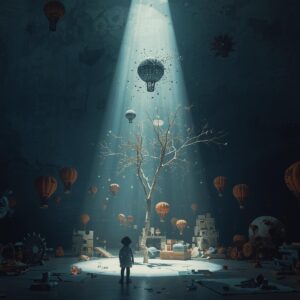 illustration sombre avec un faisceau de lumière montrant une montgolfière dans les airs, flottant au-dessus d'un arbre au milieu d'une pièce. Au sol, un enfant regarde